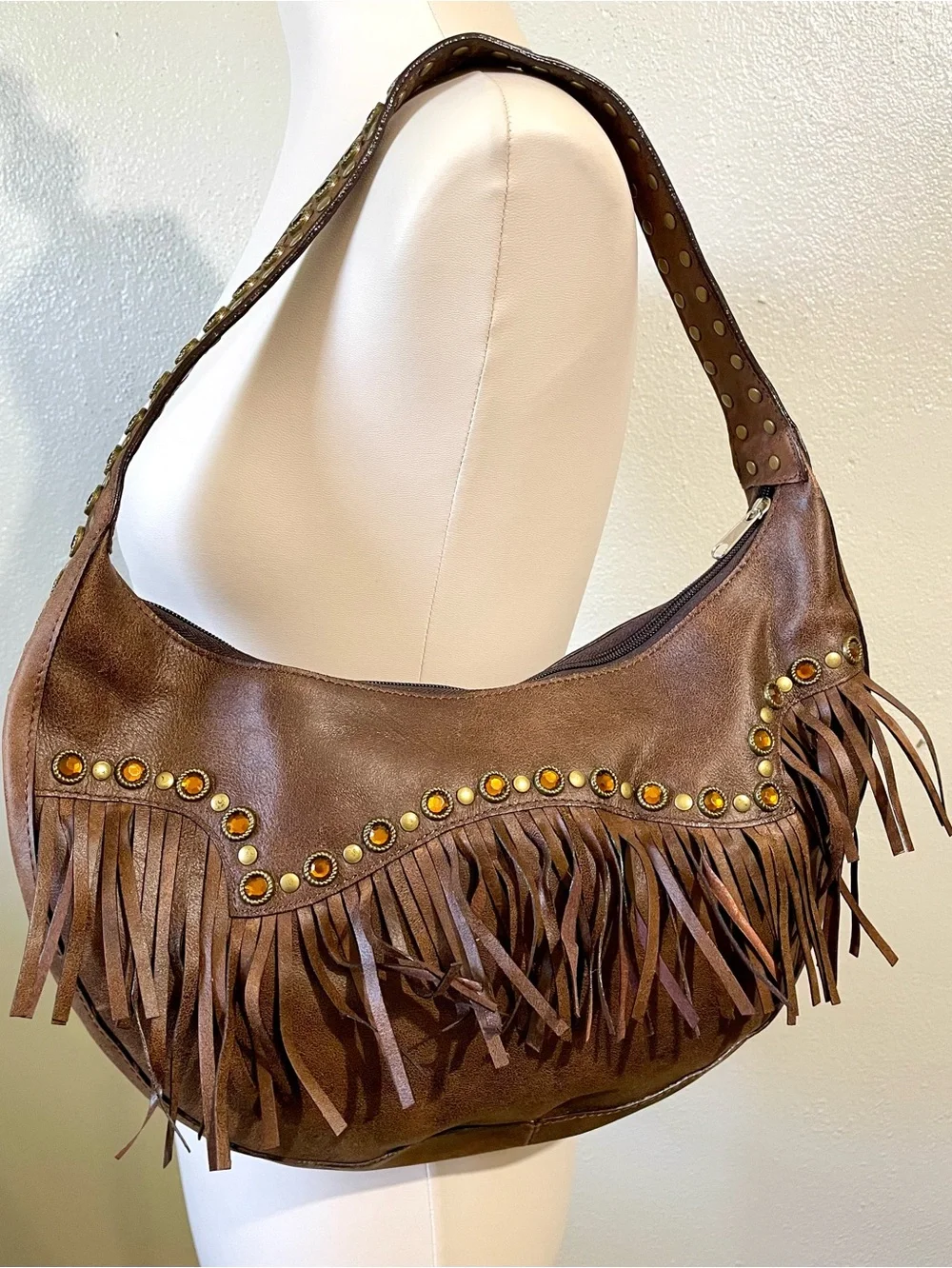 3D Belt Co Brown Leather Fringe Rhinestone Studded Hobo Bag Western NWT Purse